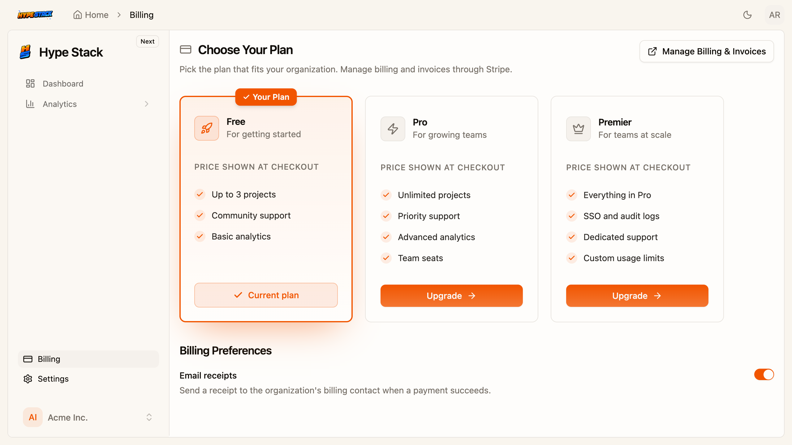 The Stripe billing pack's plans page with tiers and seat counts