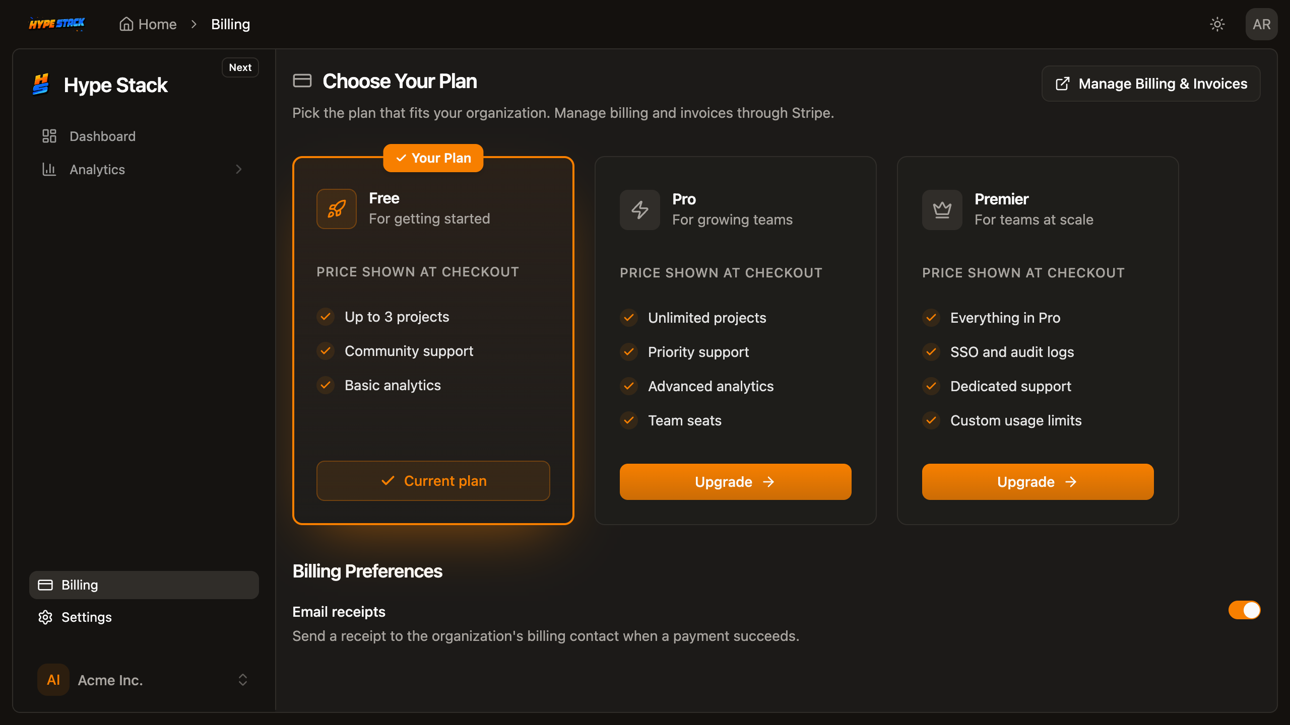 The Stripe billing pack's plans page with tiers and seat counts