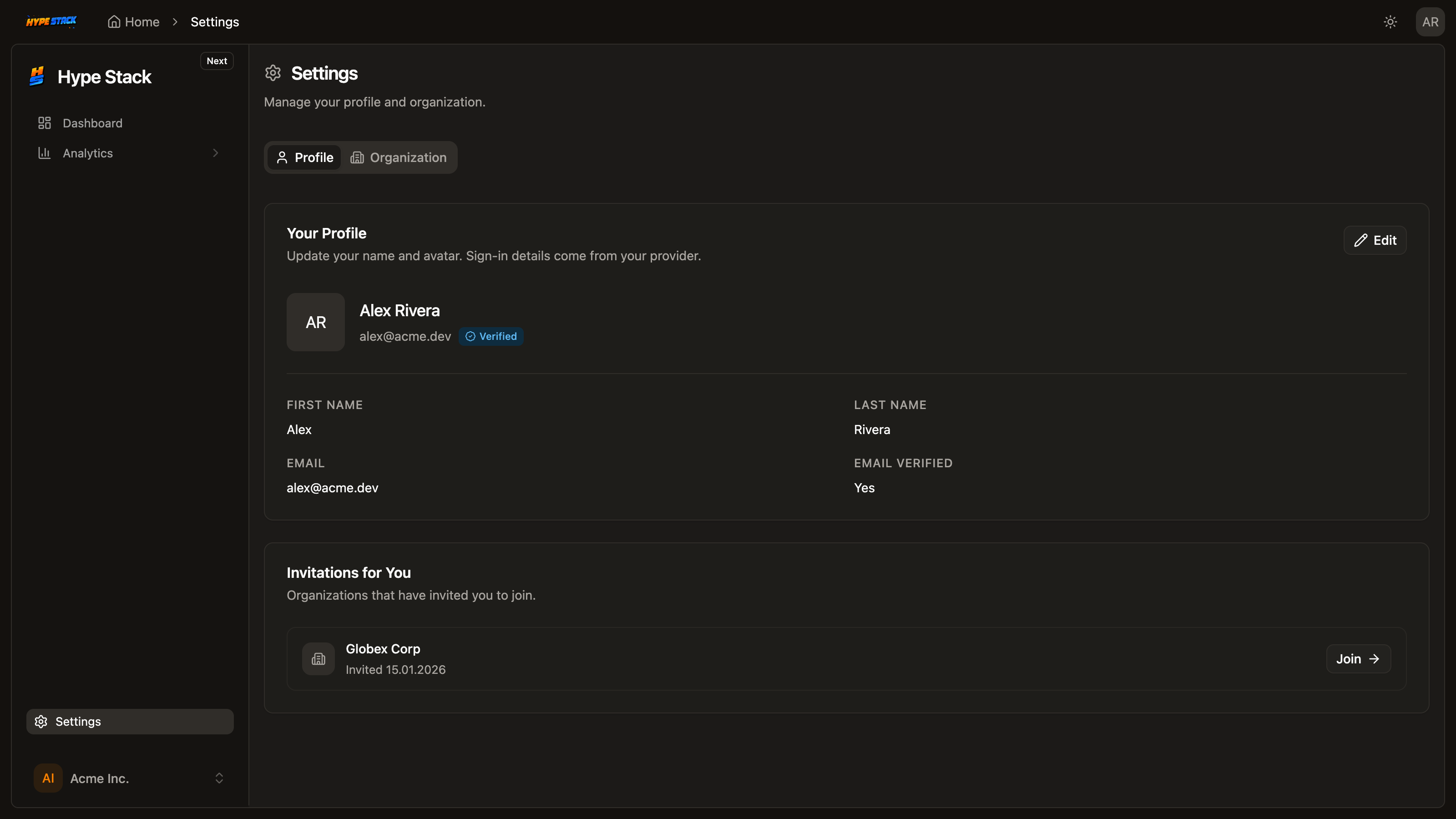 The profile settings page from the starter