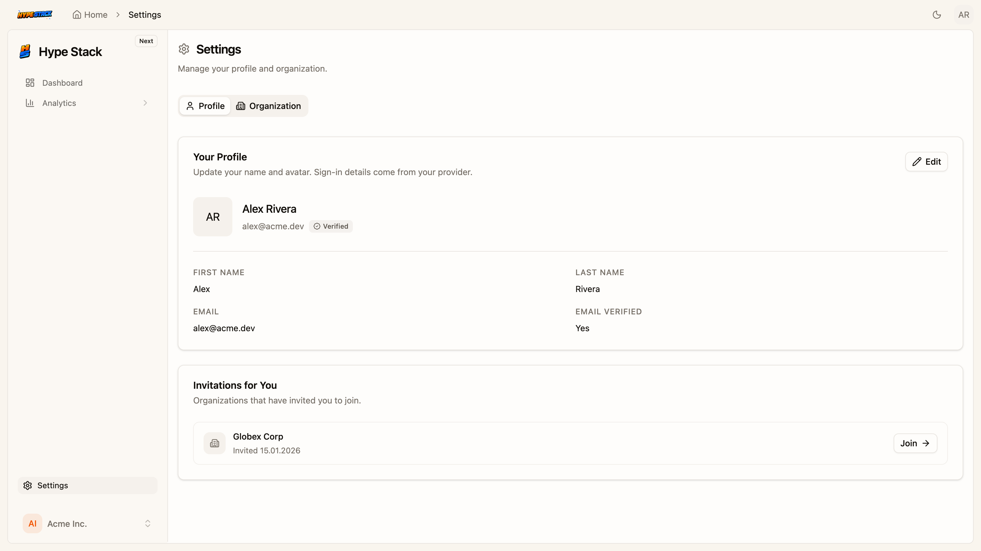 The profile settings page from the starter
