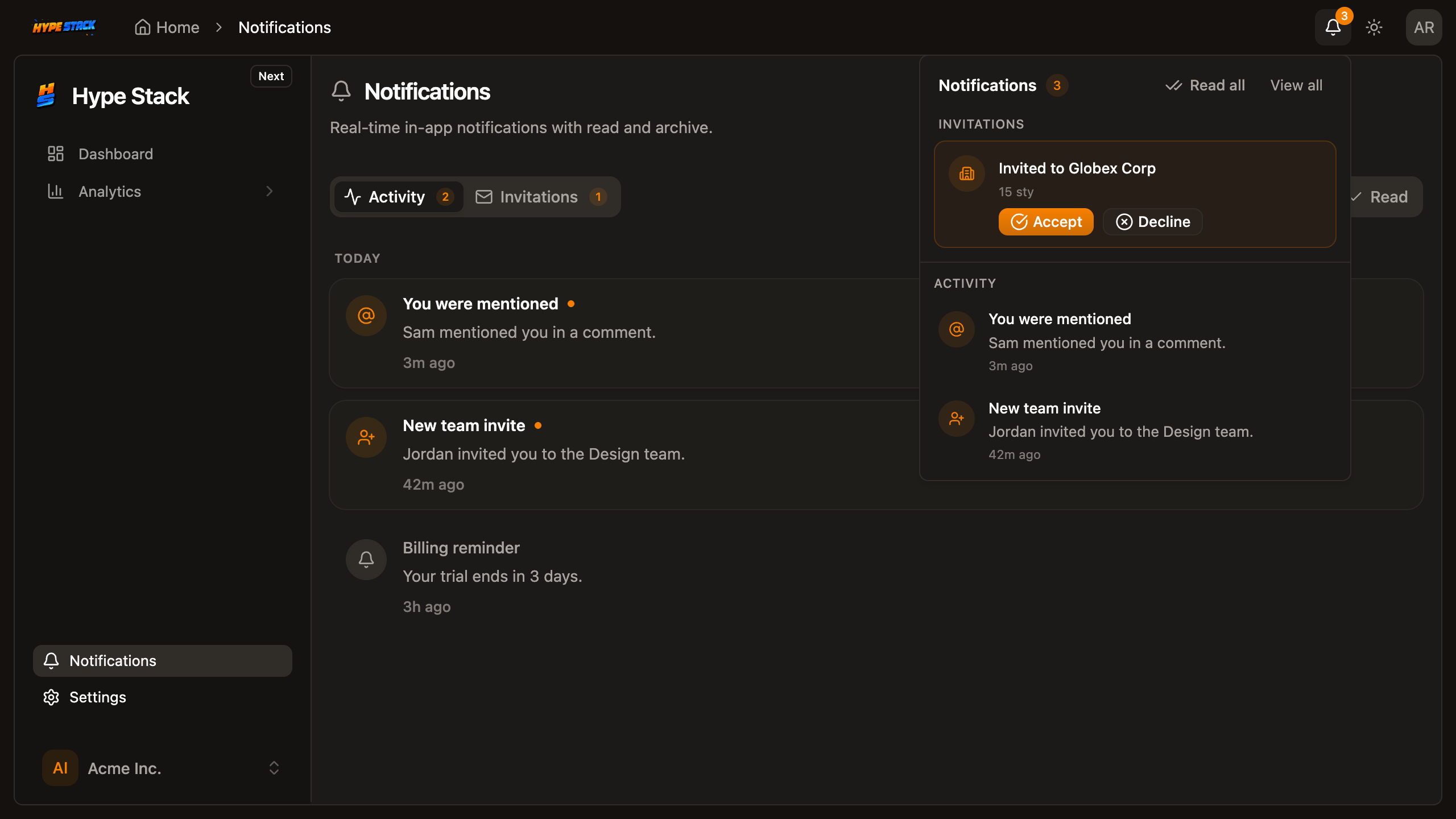 The notifications feature running in the app after the agent installed it