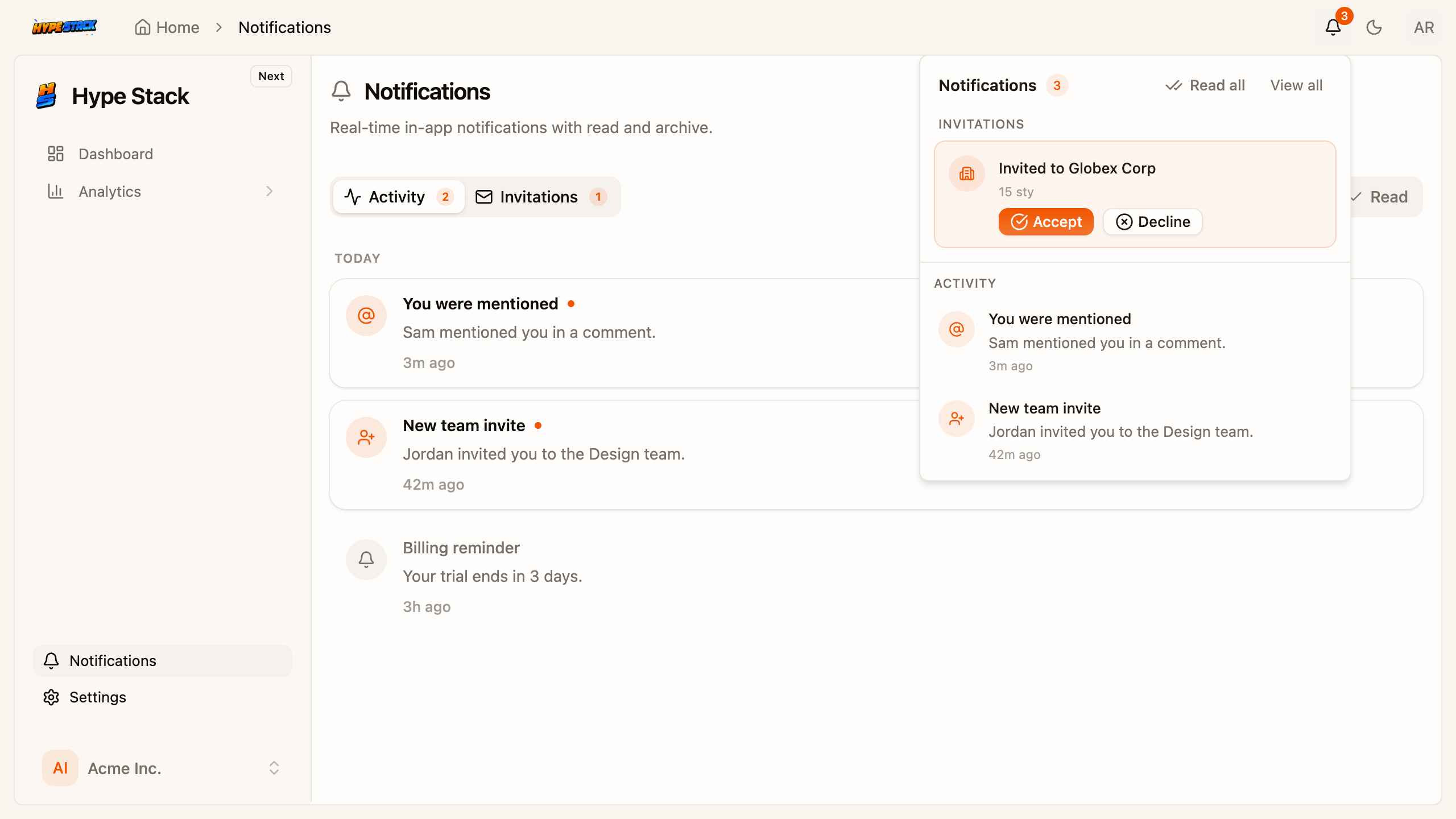 The notifications feature running in the app after the agent installed it