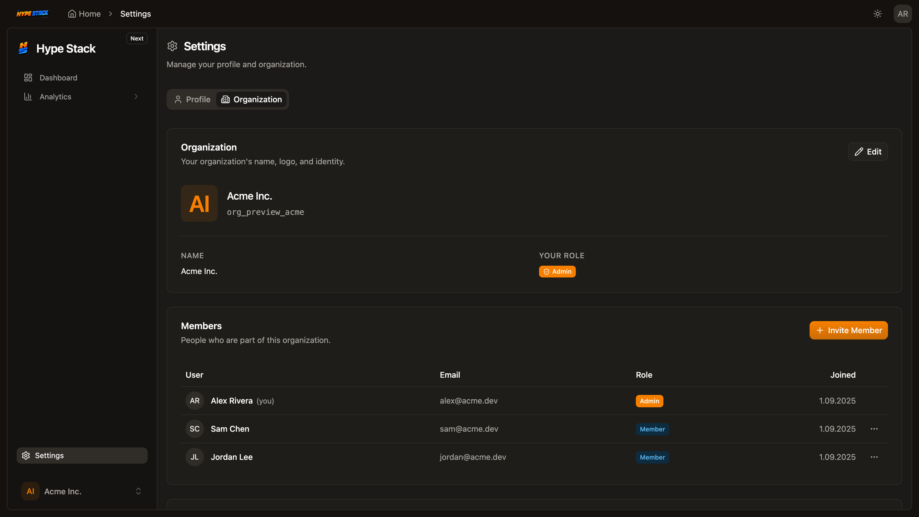 Organization settings: name, logo, and the danger zone
