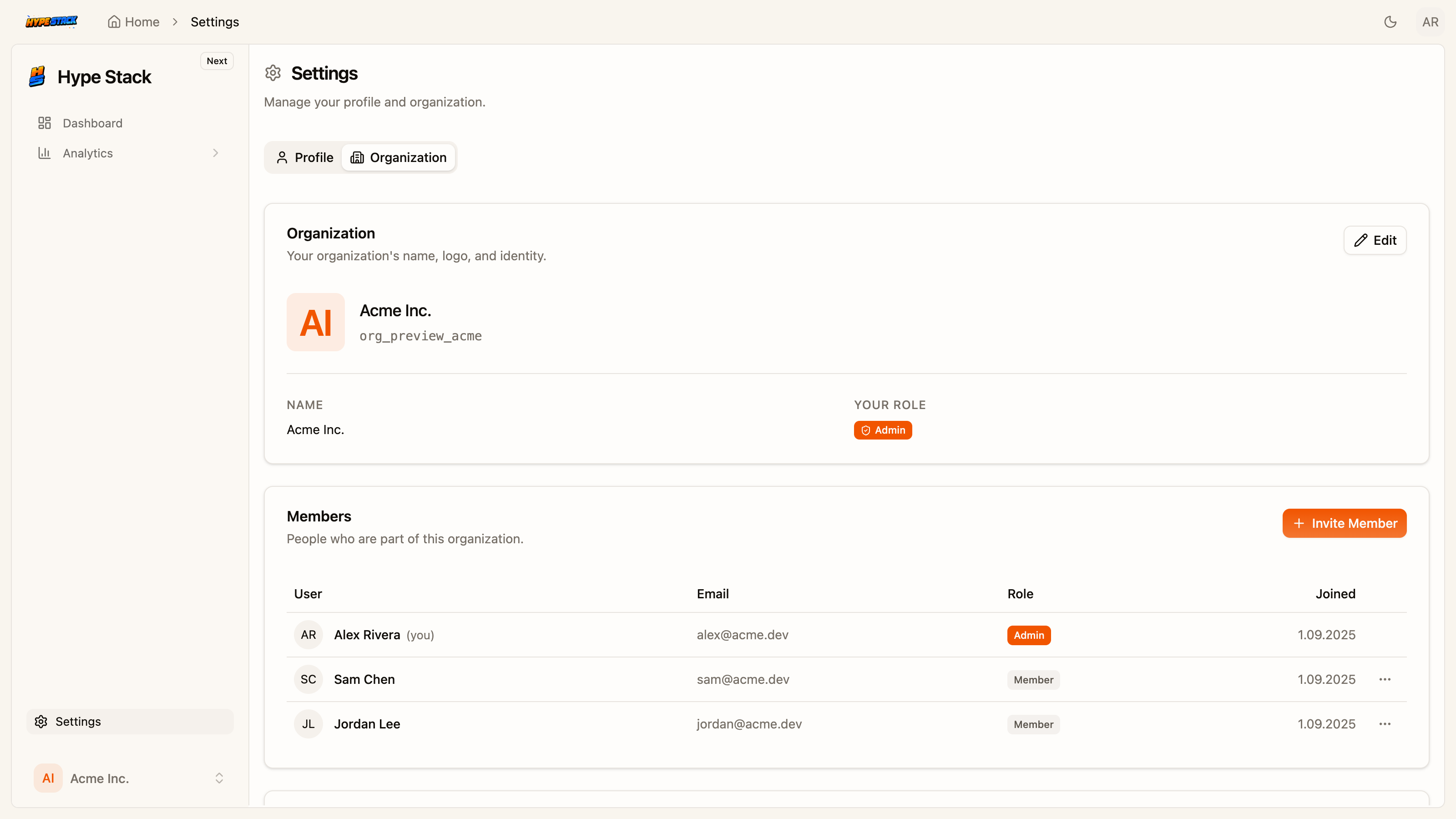 Organization settings: name, logo, and the danger zone