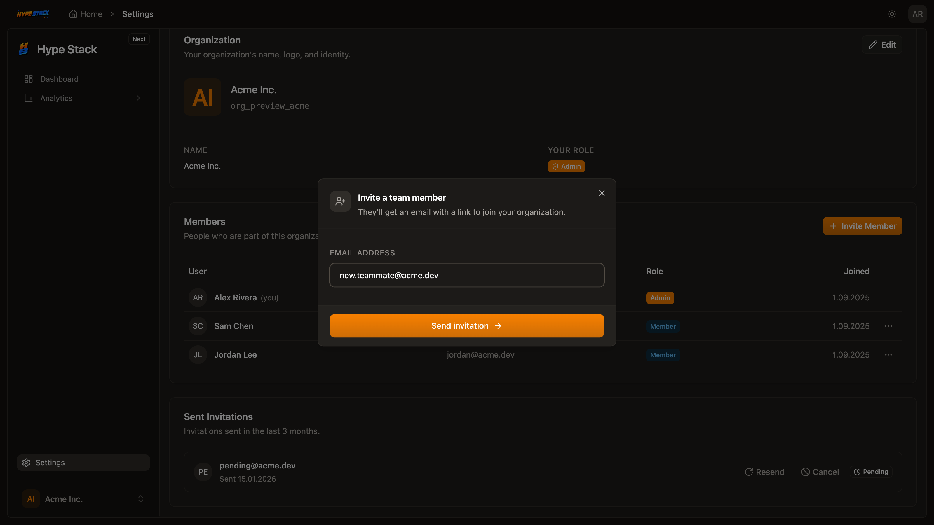 The invite-a-member dialog with a role attached