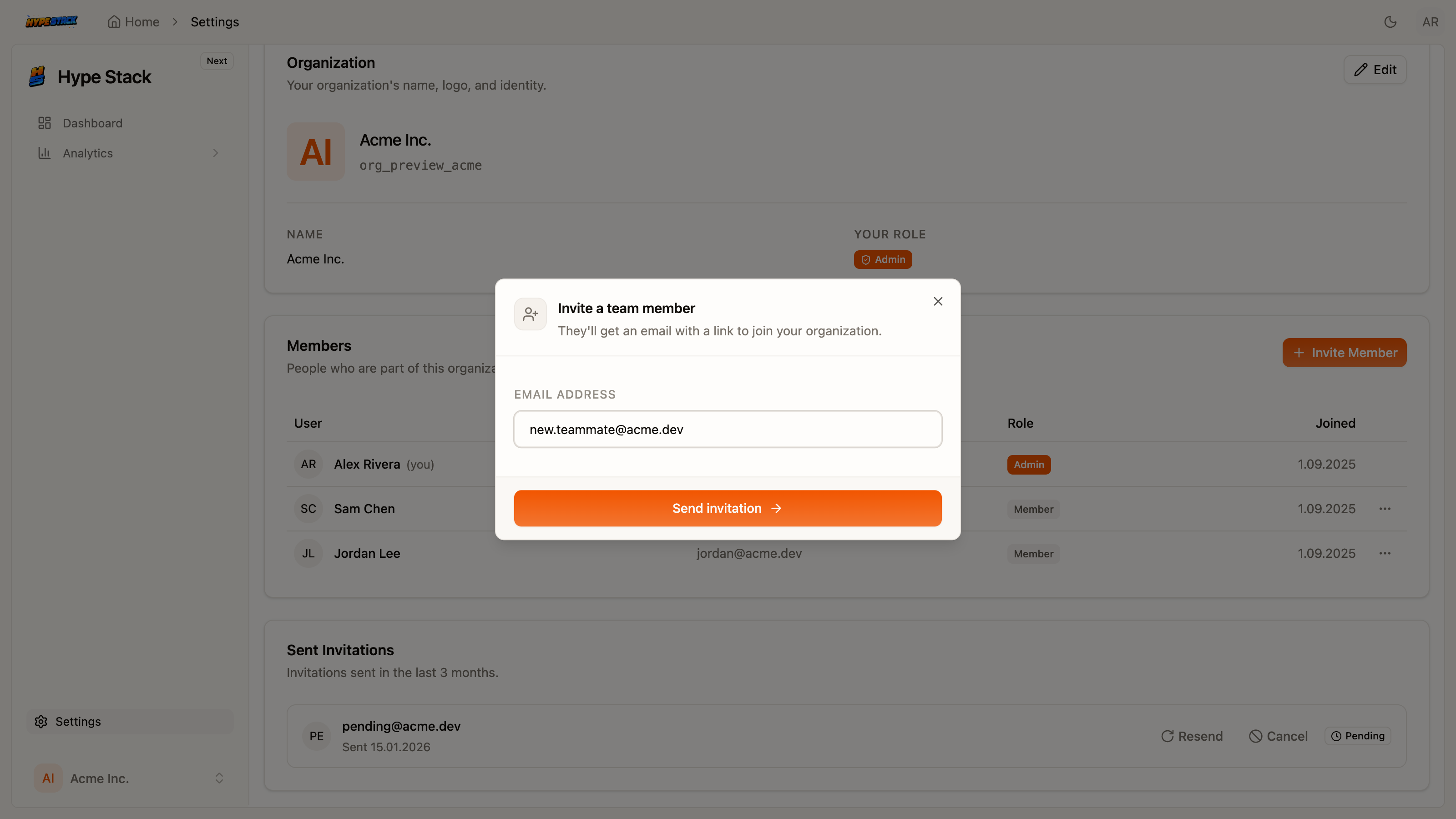 The invite-a-member dialog with a role attached