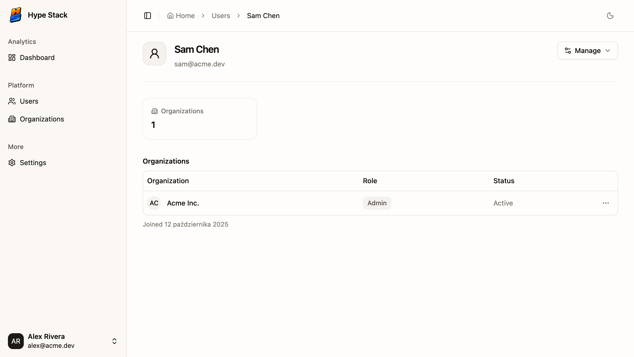 A single user's detail view in the admin panel