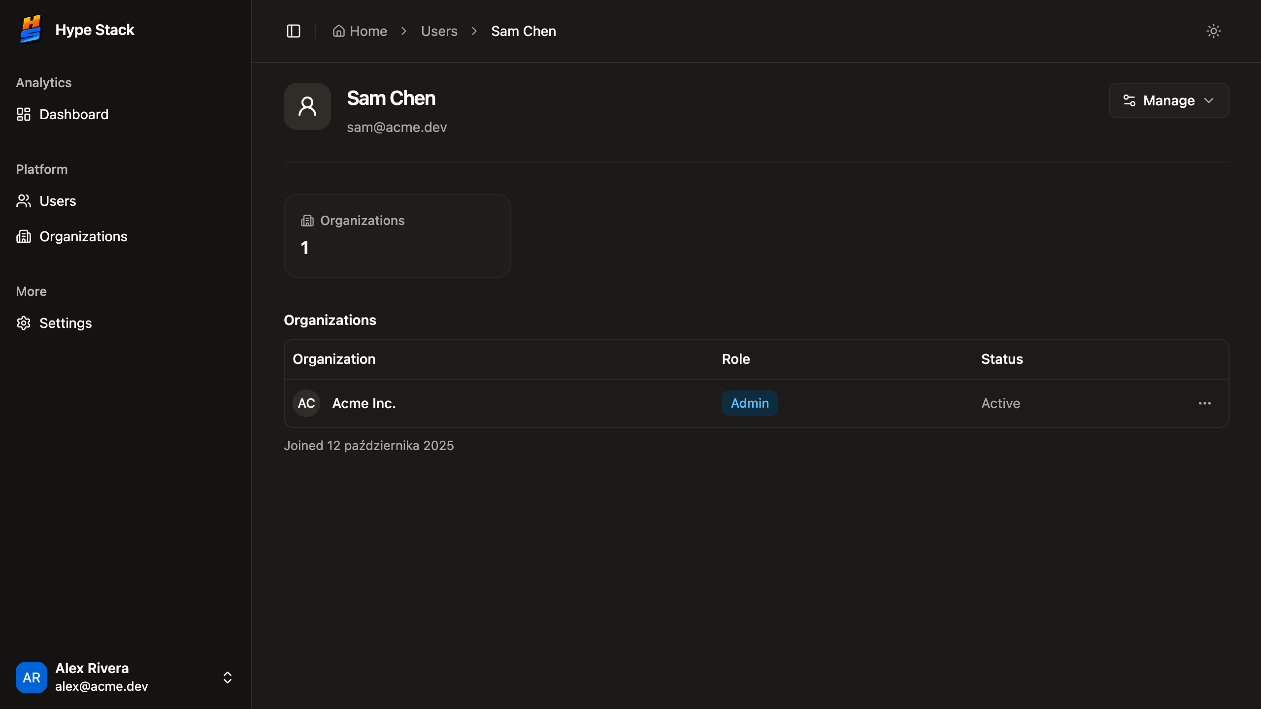 A single user's detail view in the admin panel