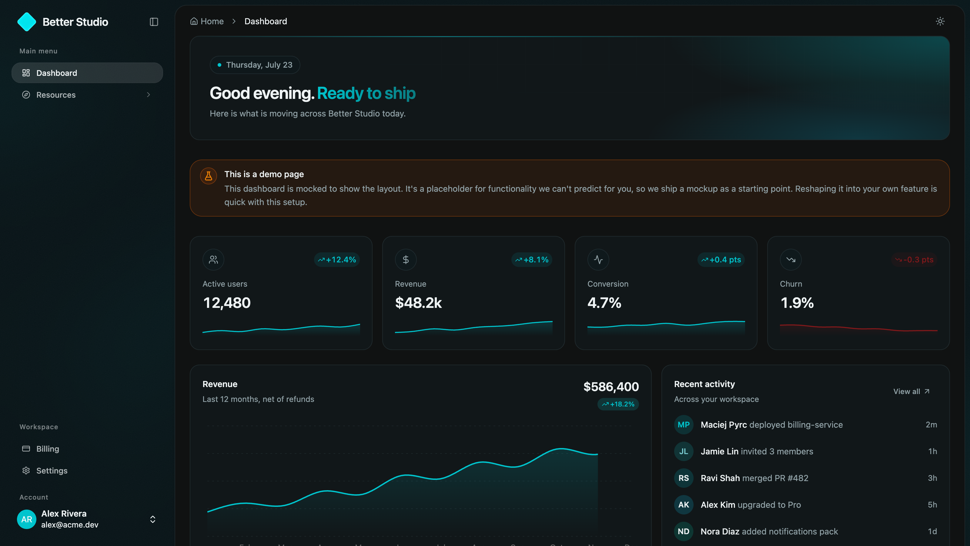 Better Studio's SaaS dashboard in the ocean theme