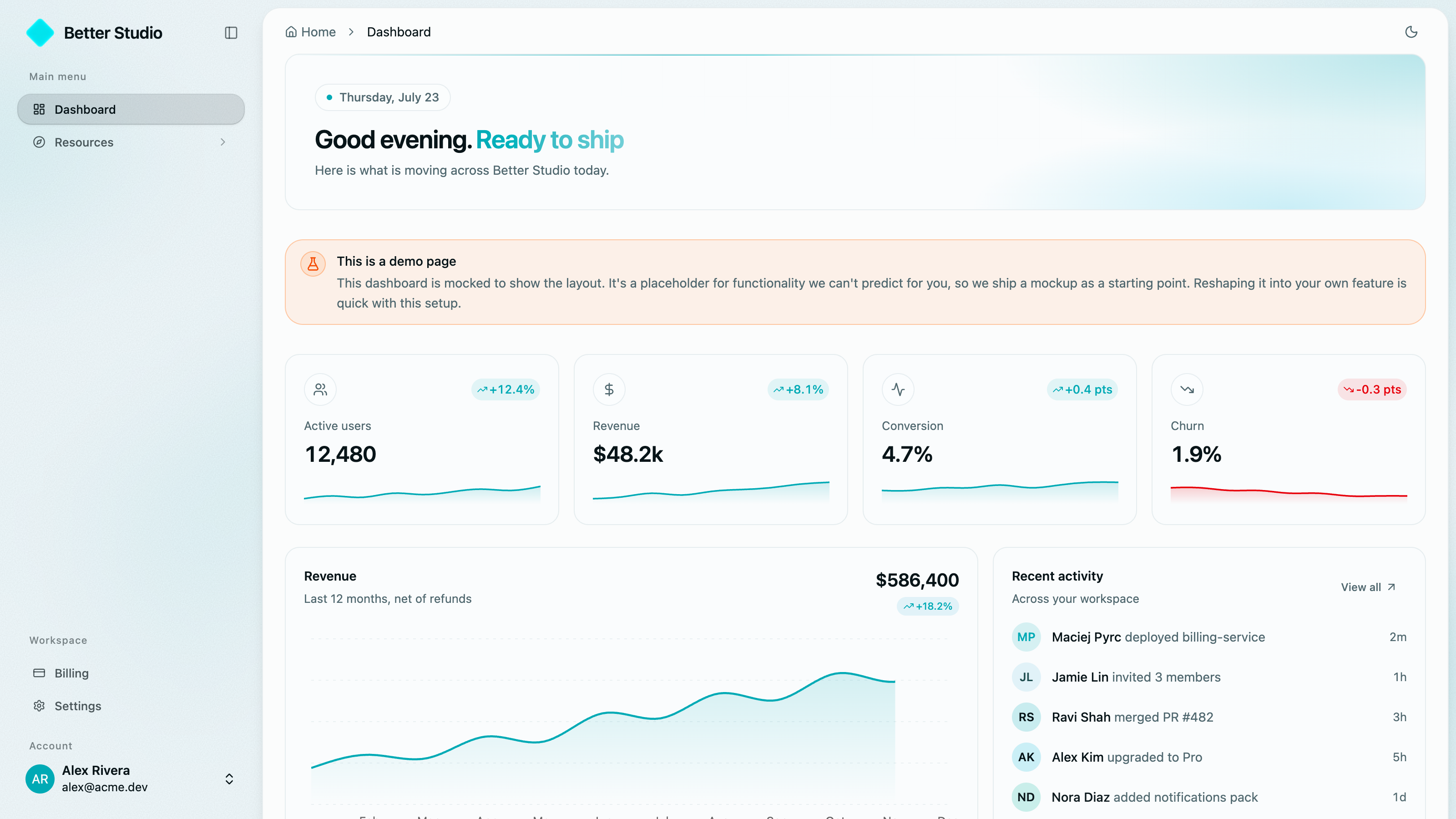 Better Studio dashboard, the customer-facing app