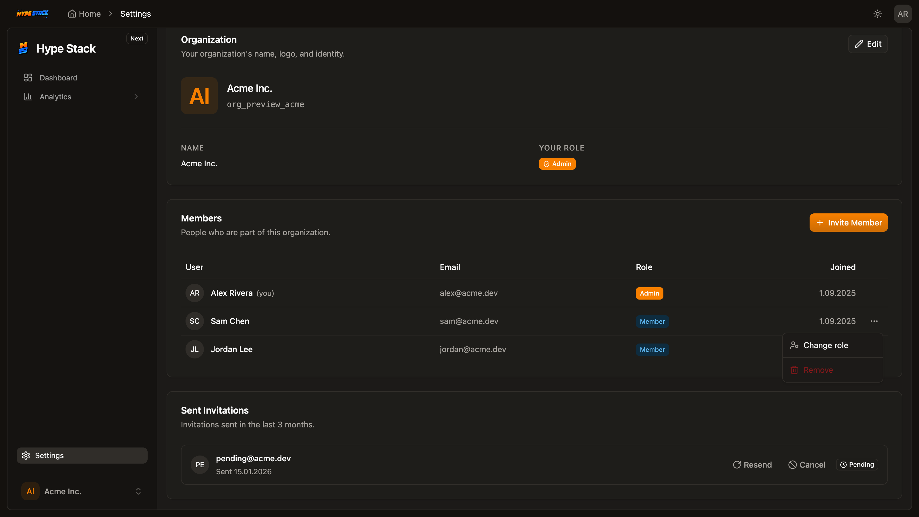 The row actions available on a member