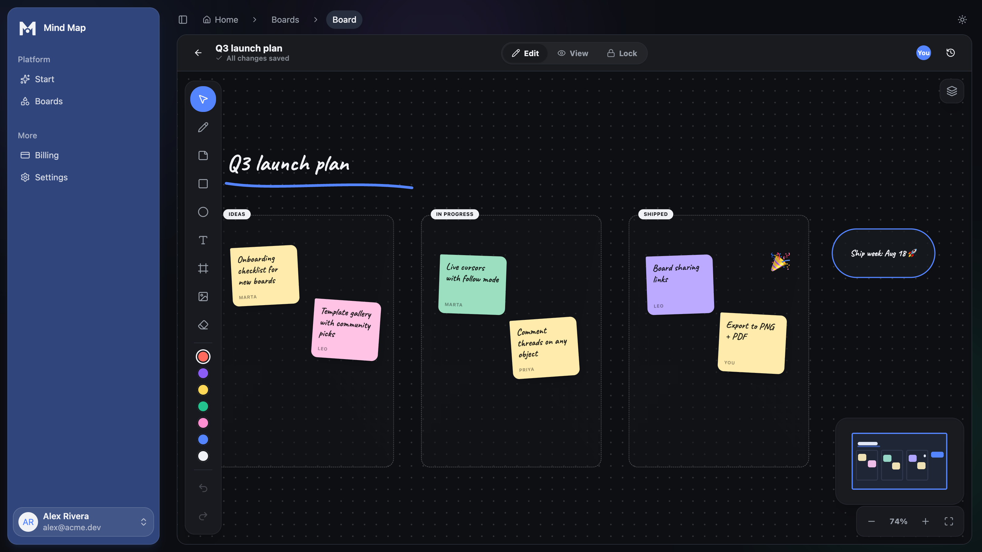 The Mind Map template's board editor: sticky notes, shapes and ink on a shared canvas