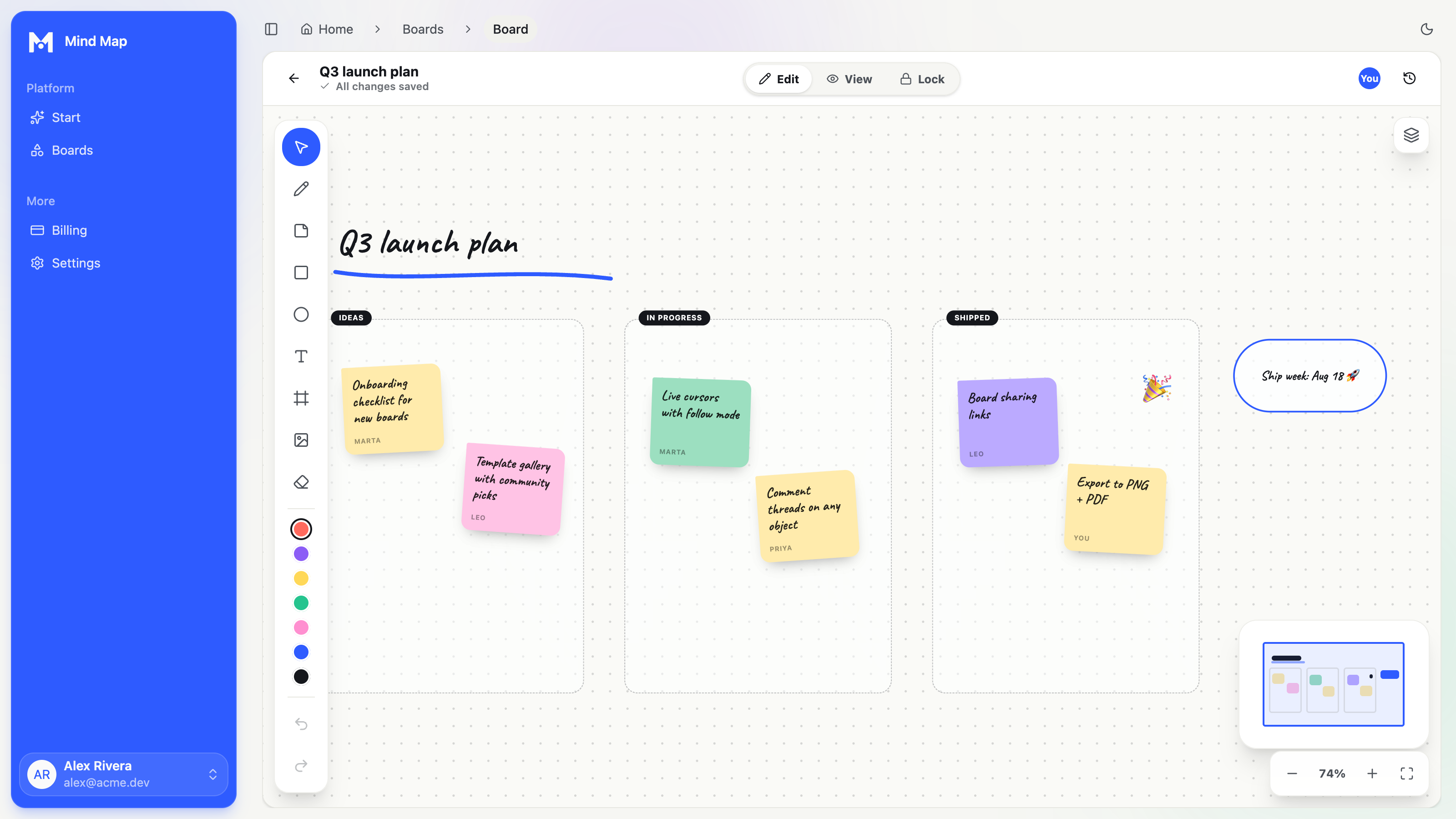 Mind Map's infinite whiteboard with sticky notes and shapes