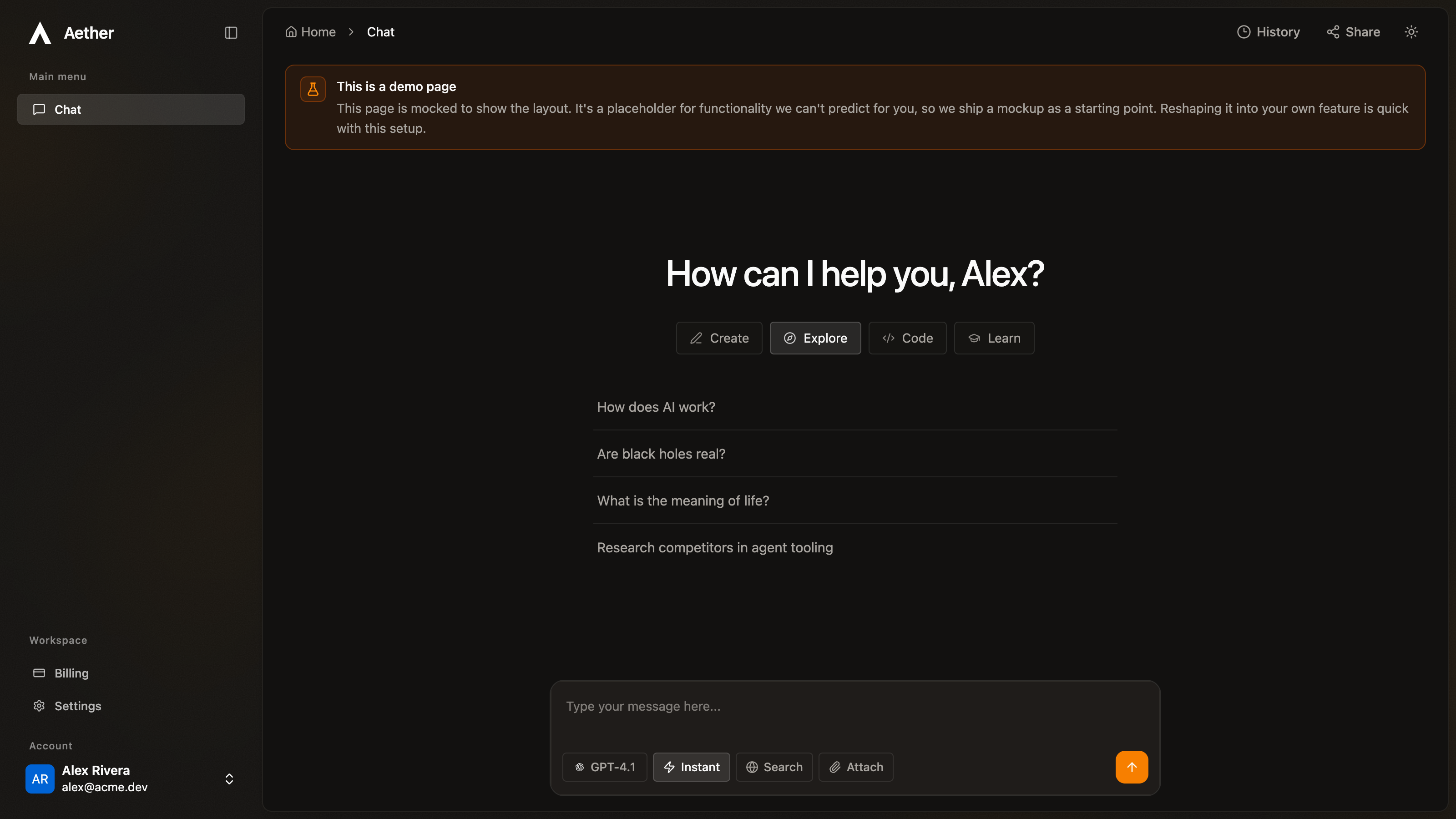 Aether's agent chat dashboard, dark, planning work with tool calls