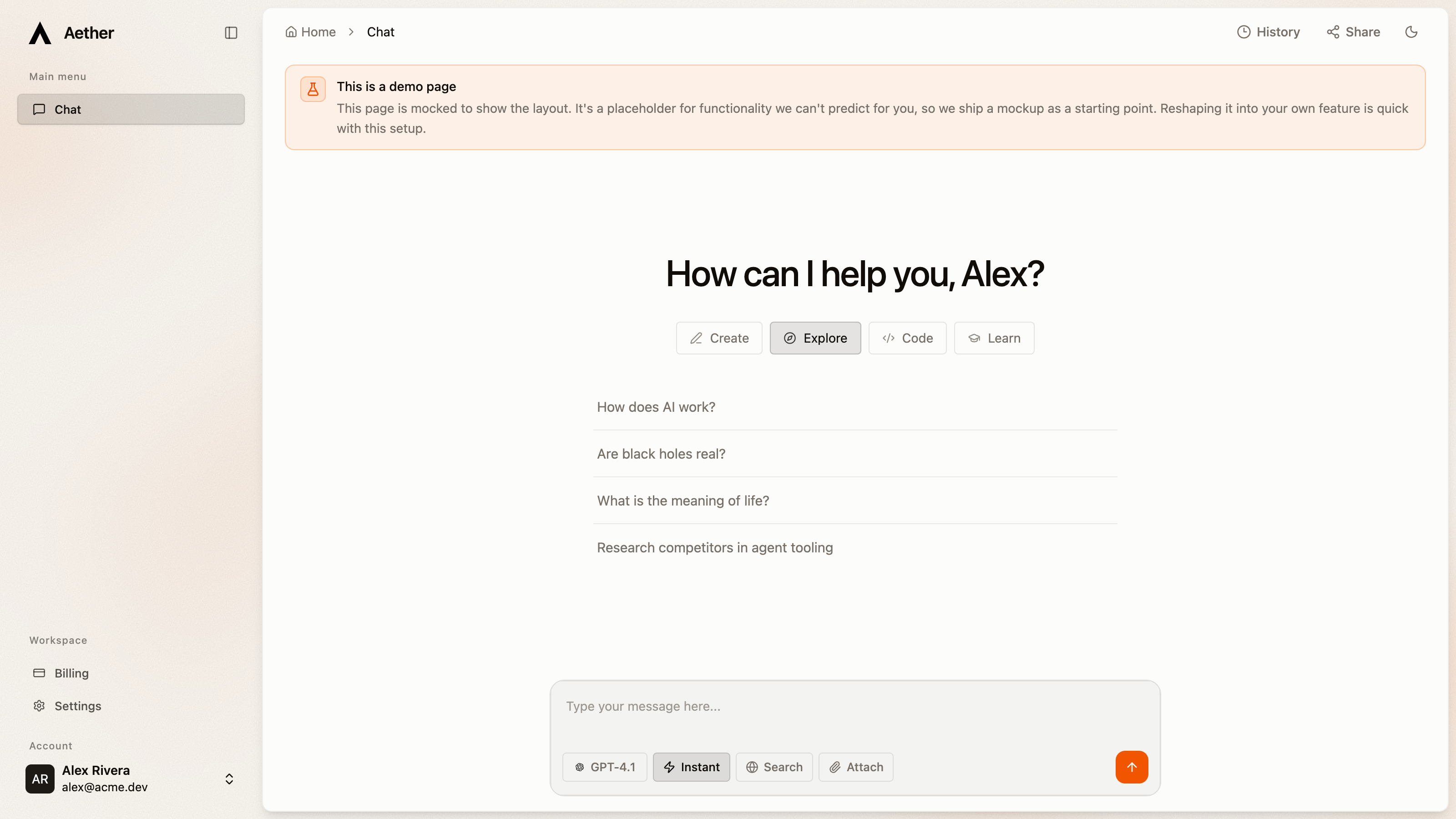 The Aether template's dashboard: an AI agent chat that plans work and runs tools
