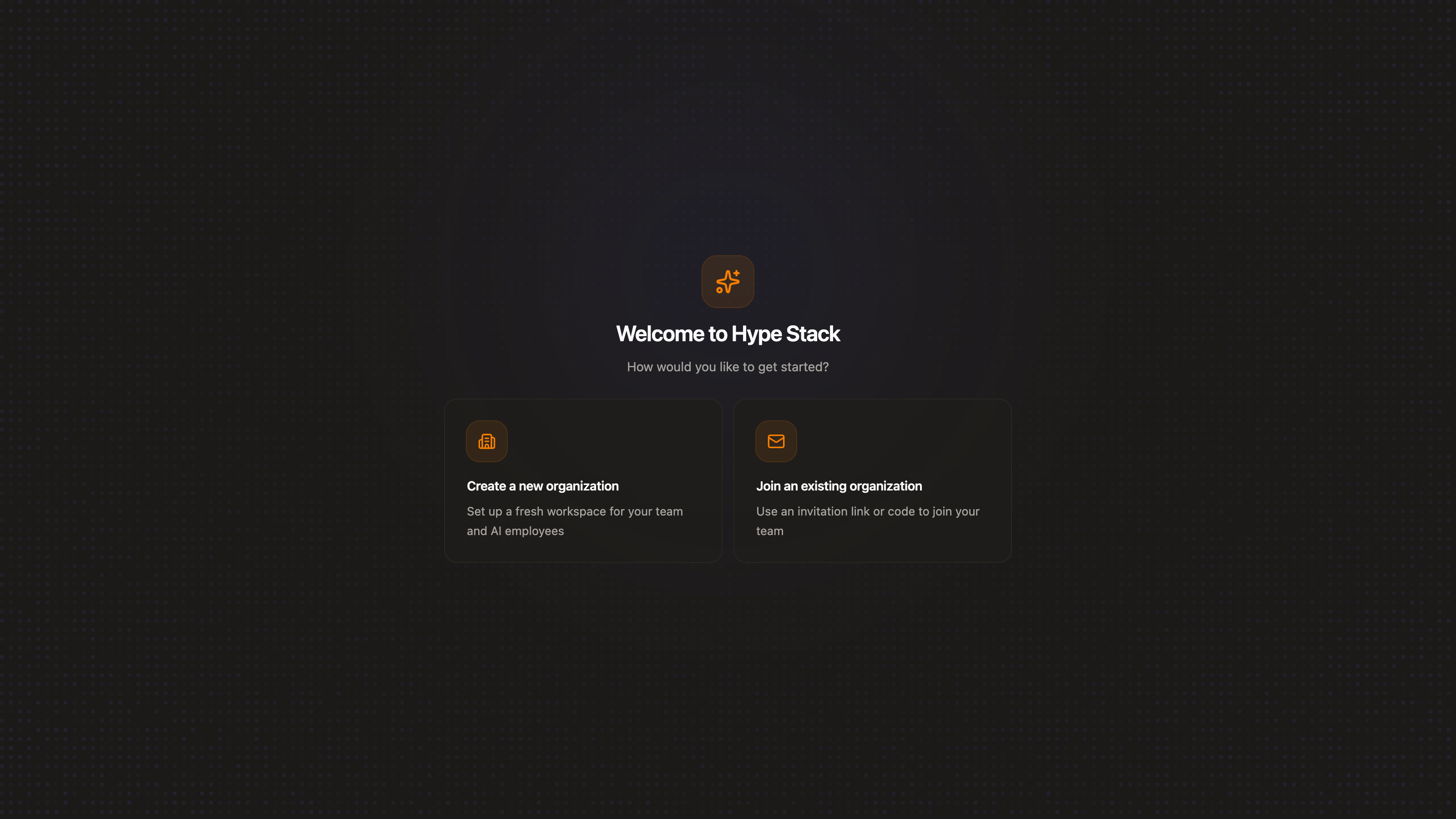 The starter's onboarding flow, where a new user picks or creates an organization