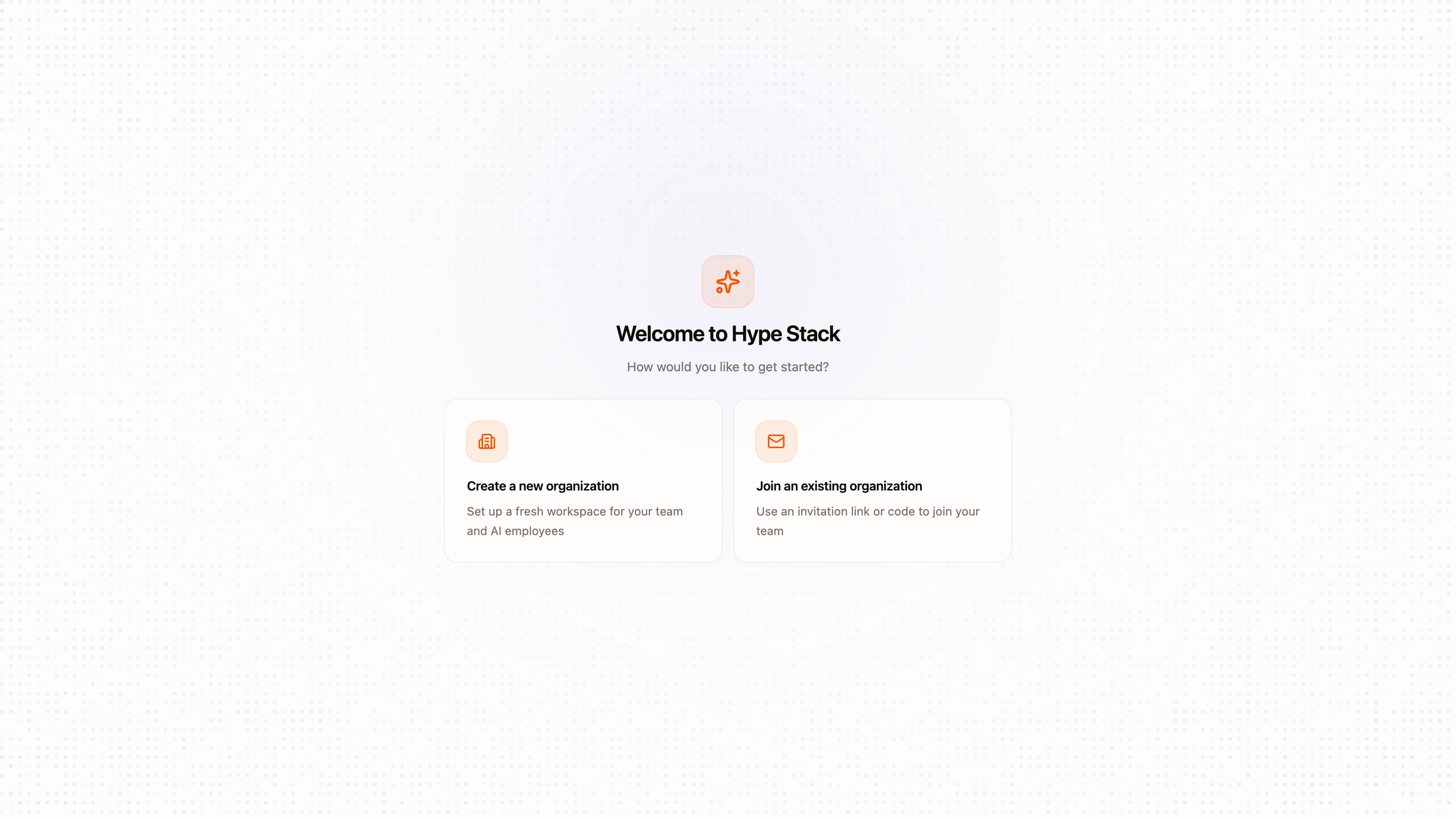 The starter's onboarding flow, where a new user picks or creates an organization
