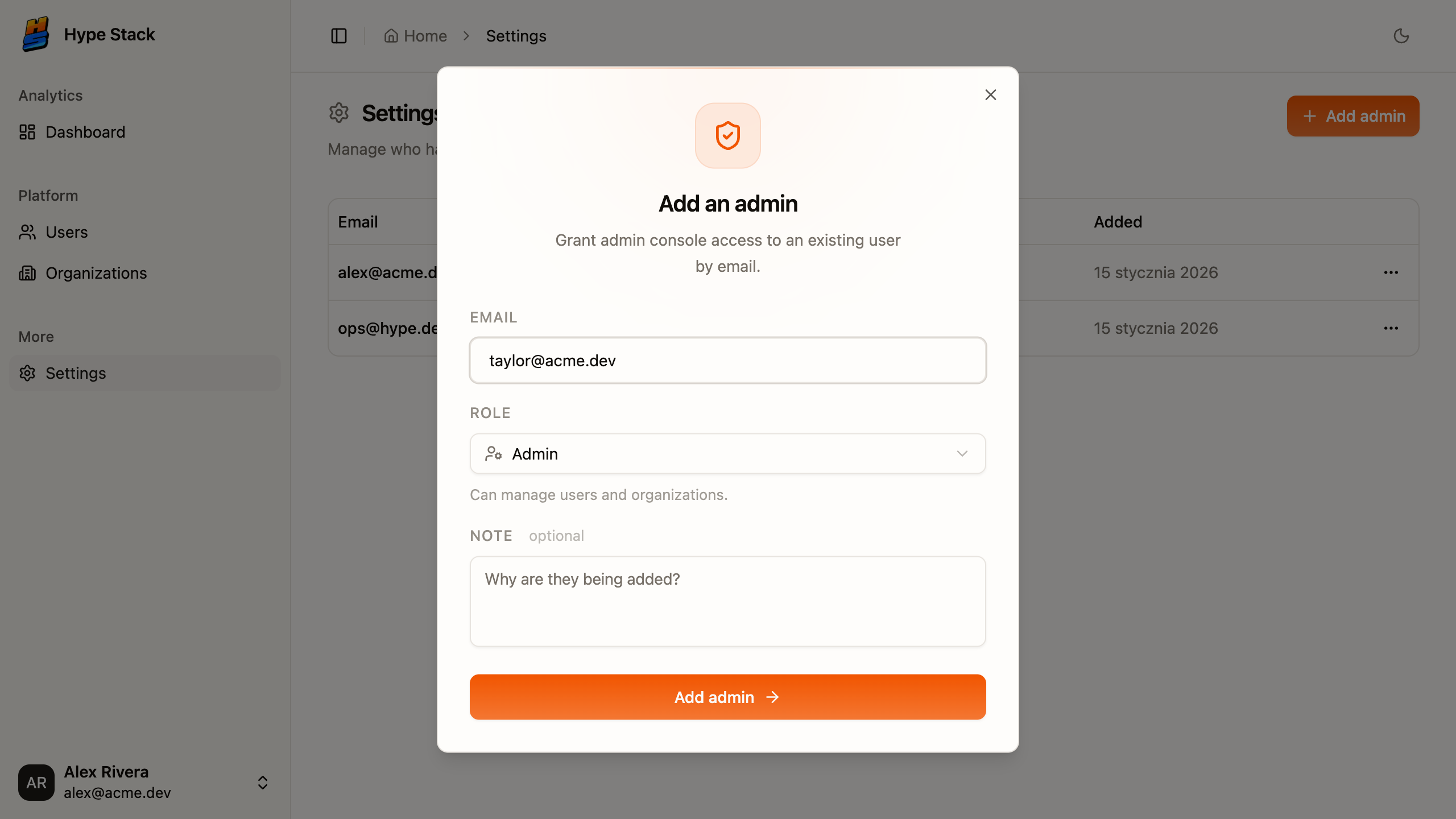 The dialog for adding another admin