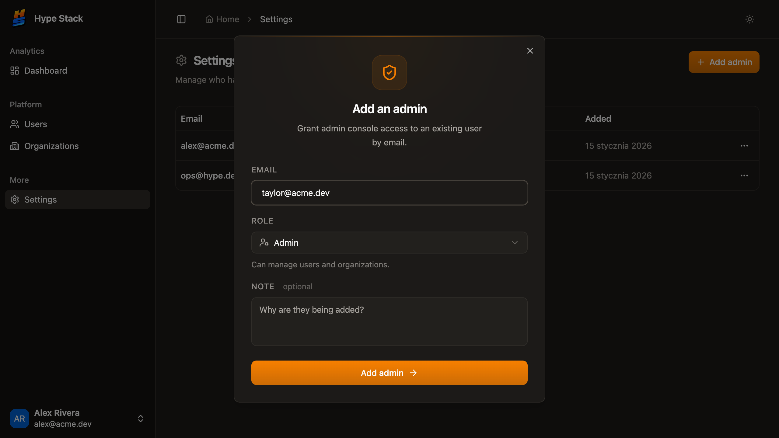 The dialog for adding another admin