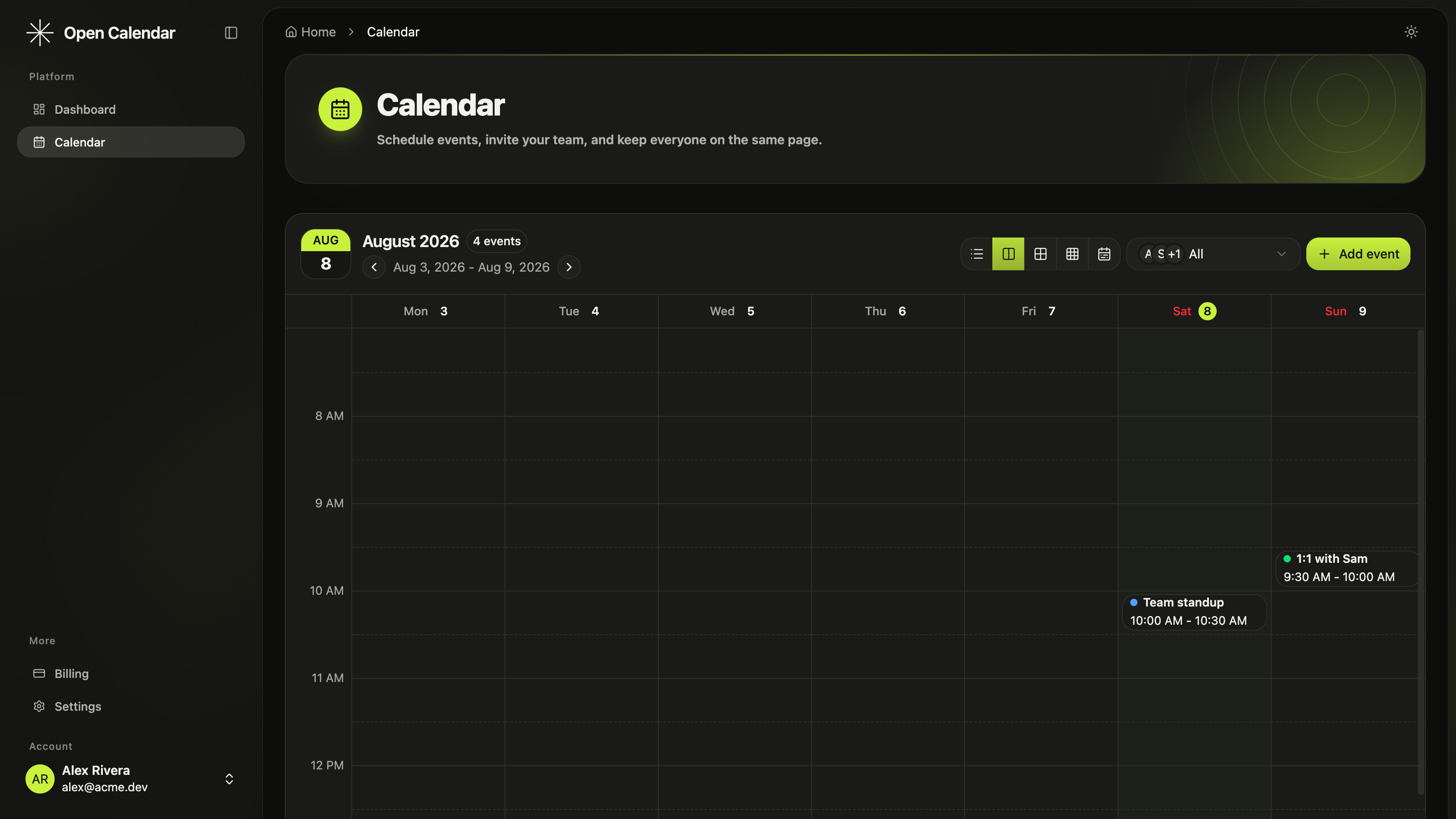 The Open Calendar template's week view with events laid out across working hours