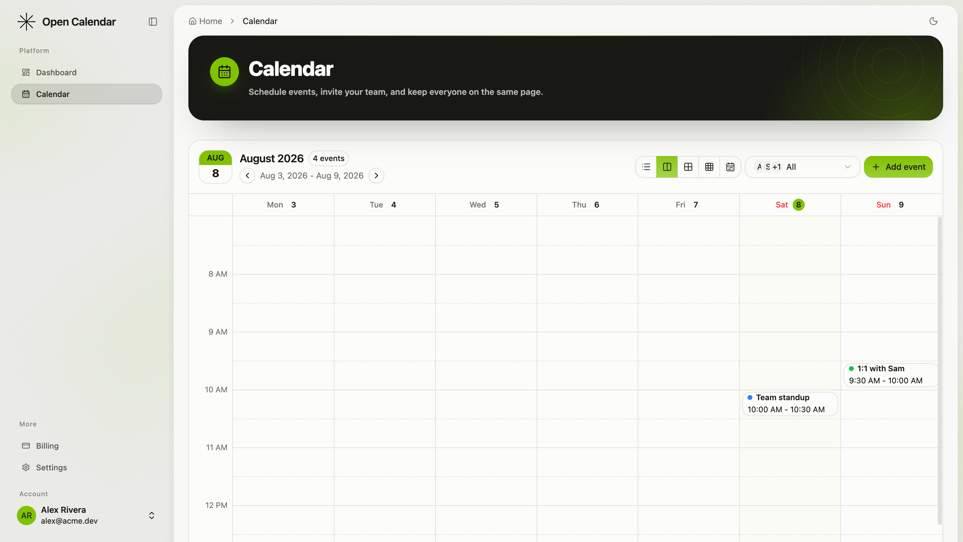 Open Calendar's week view with events