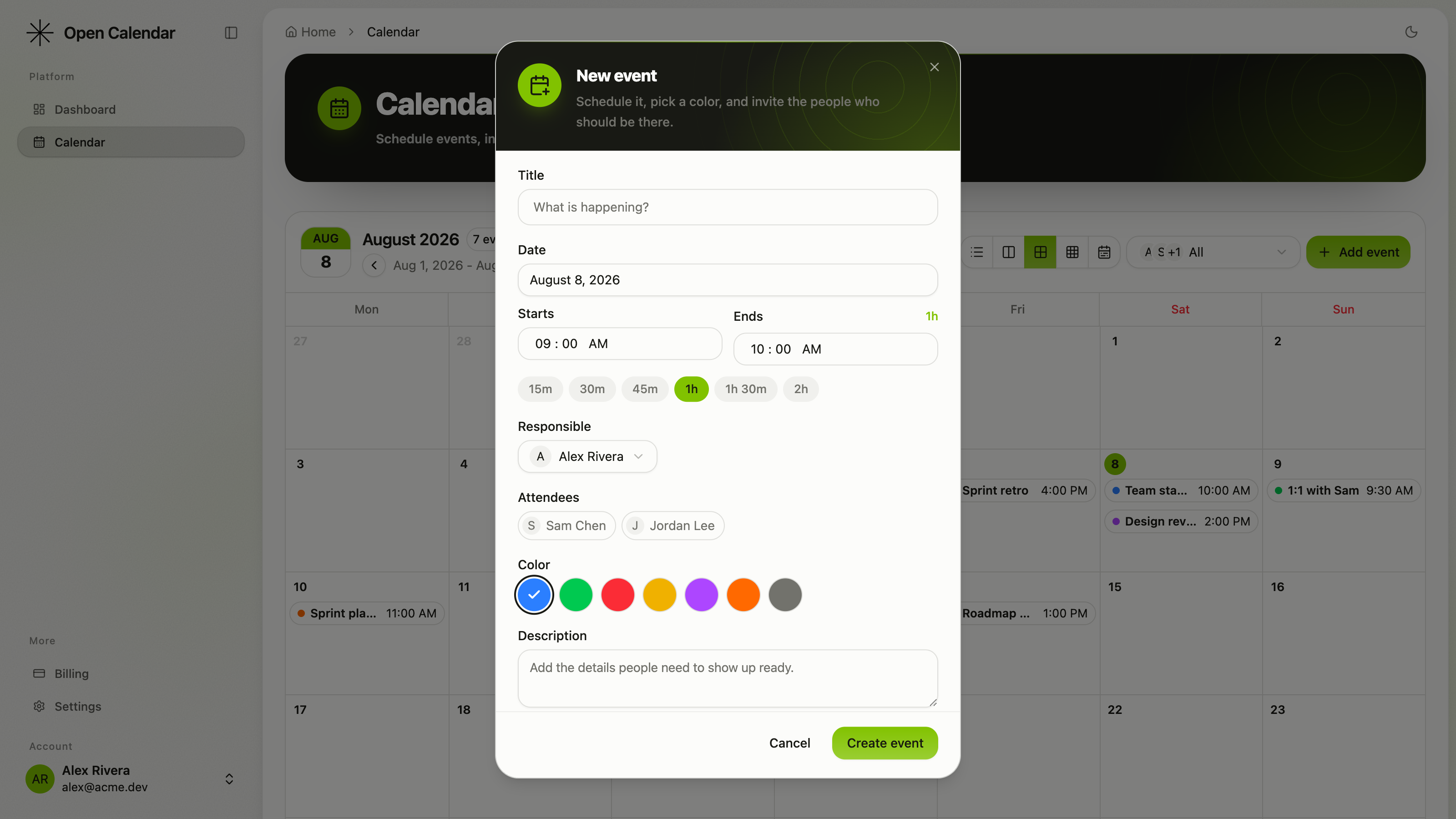 Creating an event in Open Calendar