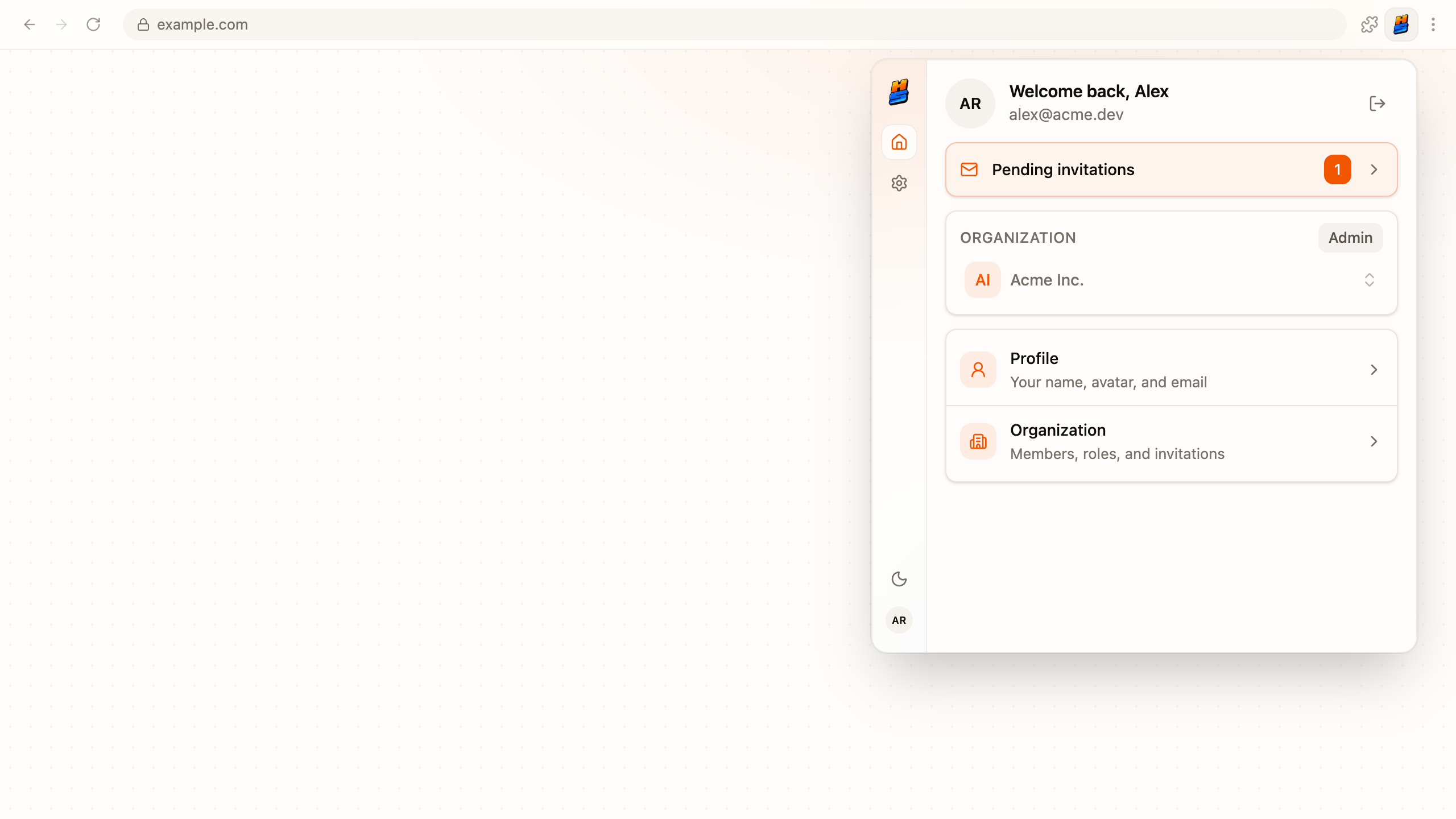 Aether extension open in the browser toolbar