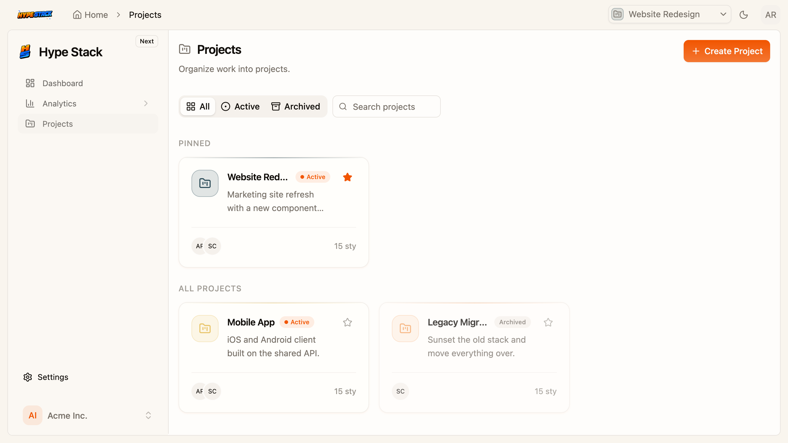The projects pack's projects page with one workspace per client