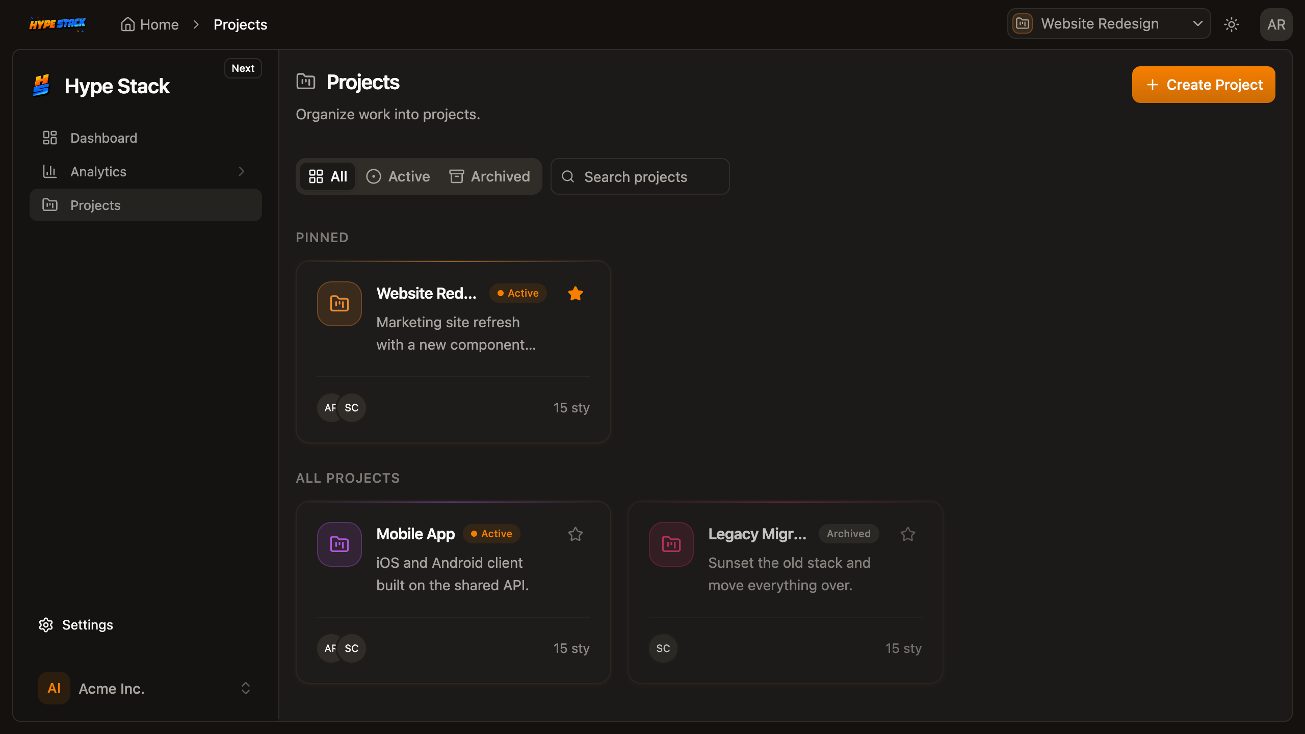 The projects pack's projects page with one workspace per client