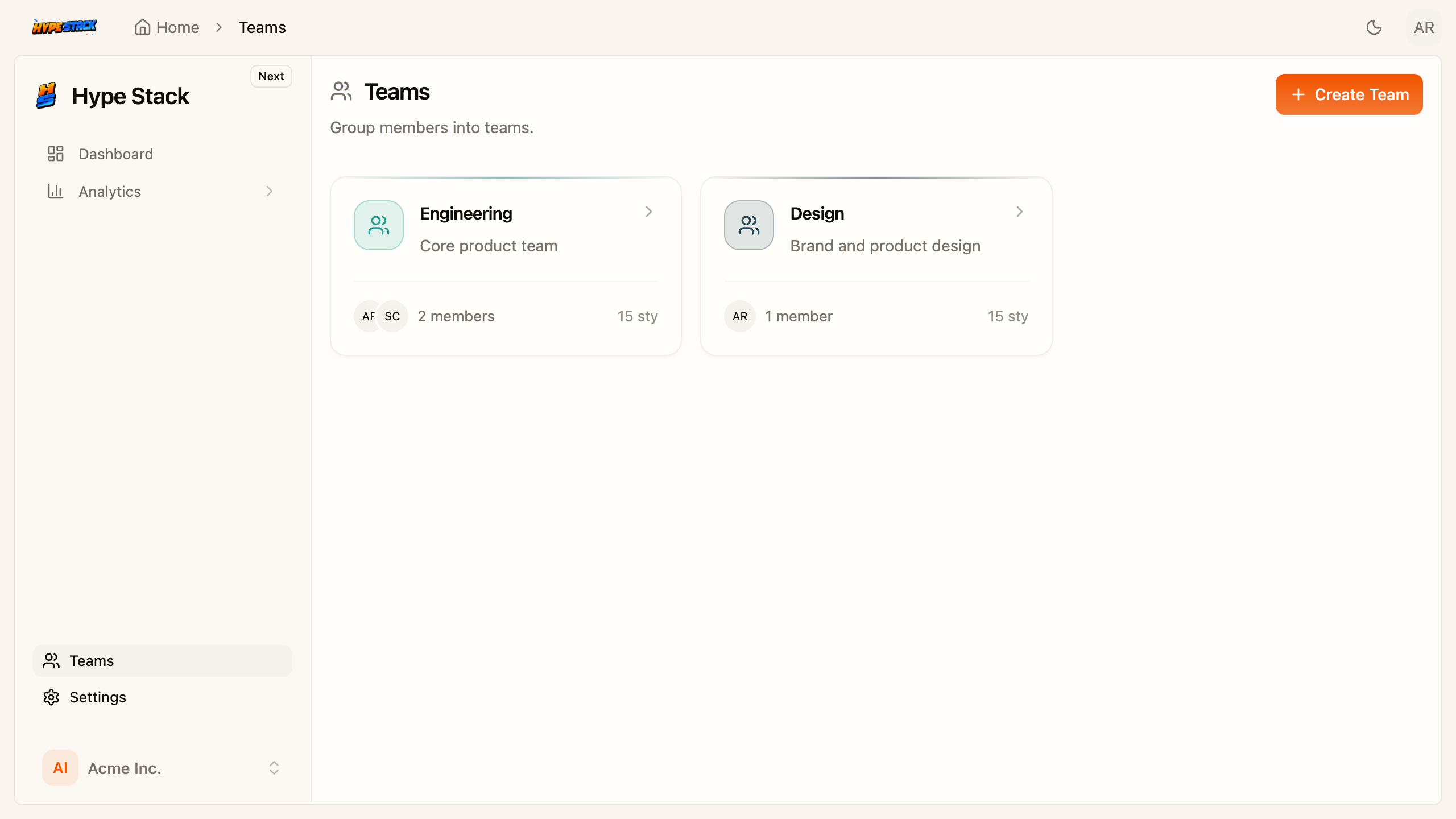 The teams pack's teams page: each client workspace with its own members