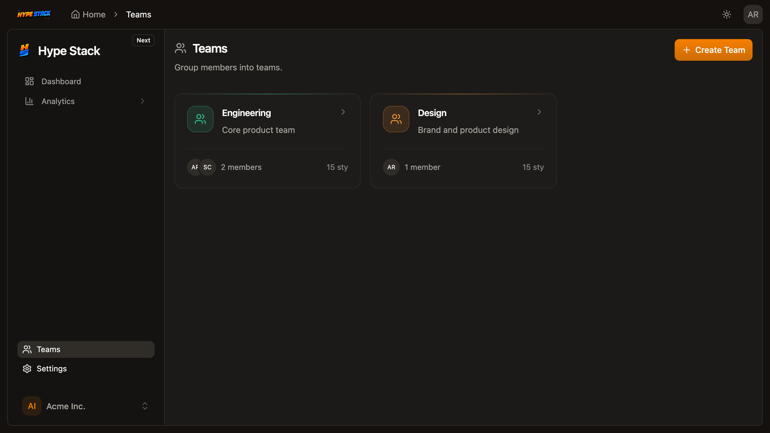 The teams pack's teams page: each client workspace with its own members