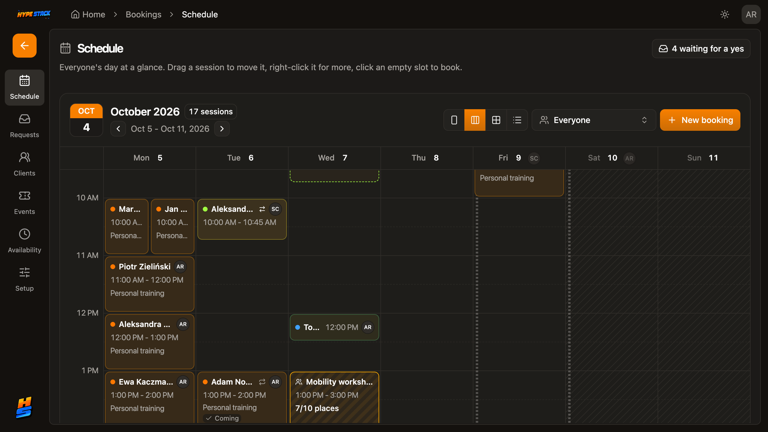 The bookings week view with sessions across several specialists
