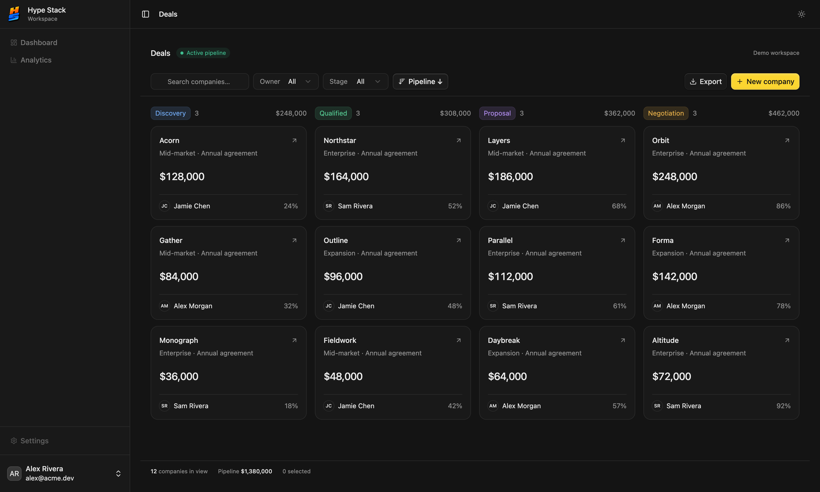 The CRM layout showing a deals table in a compact shell